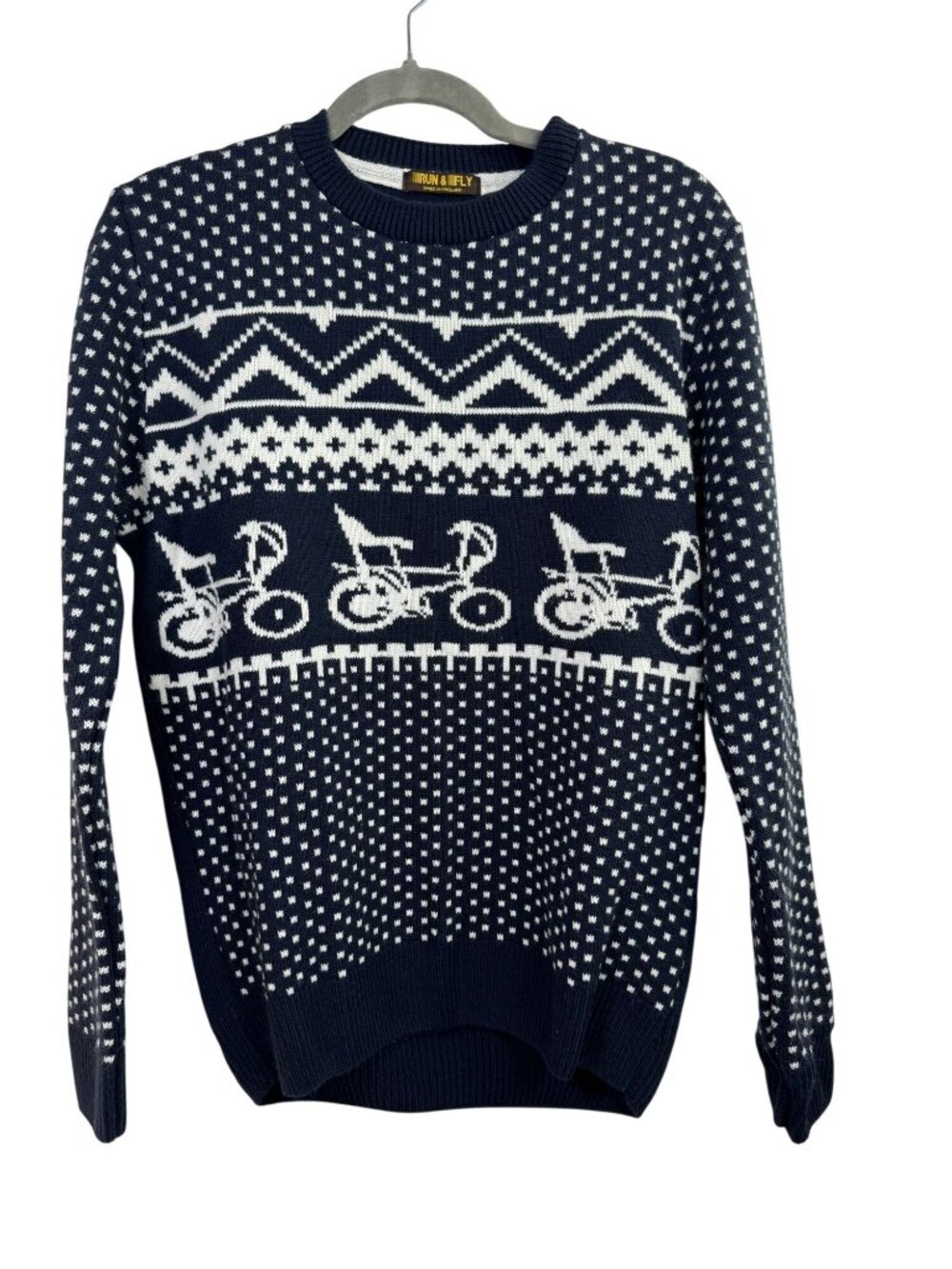Run & Fly Navy Blue Fair Isle Bicycle Knit Sweater Medium Nordic England Novelty